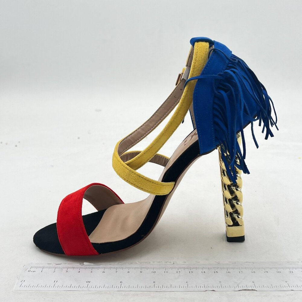 Yellow Cross Strap Tassels Open Toe Gold Metal Chain Chunky High Heels Sandals